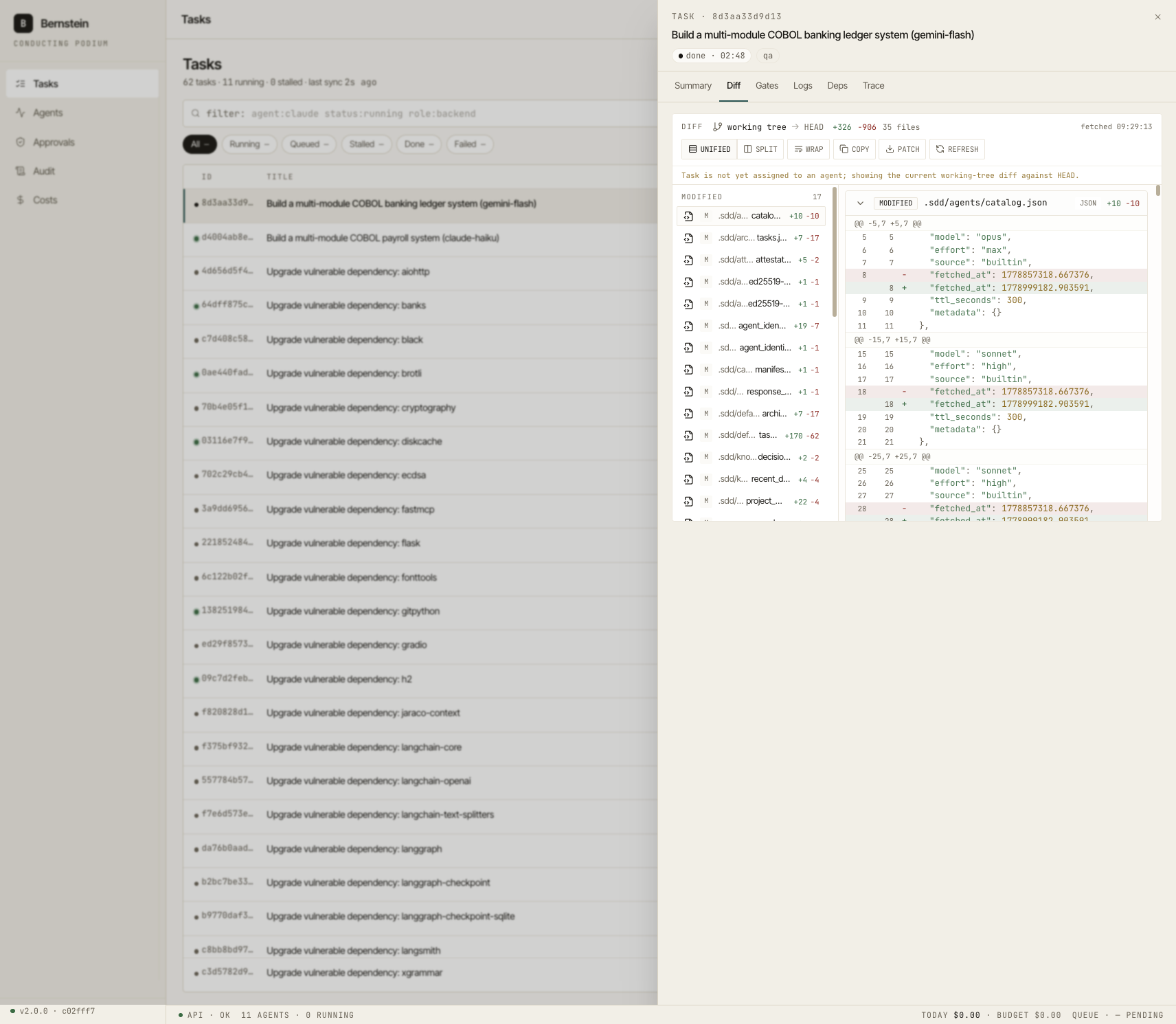 Tasks page with Diff drawer open