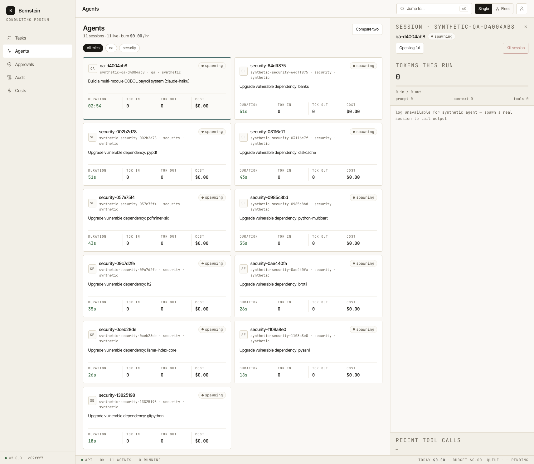 Agents grid with token meter drawer