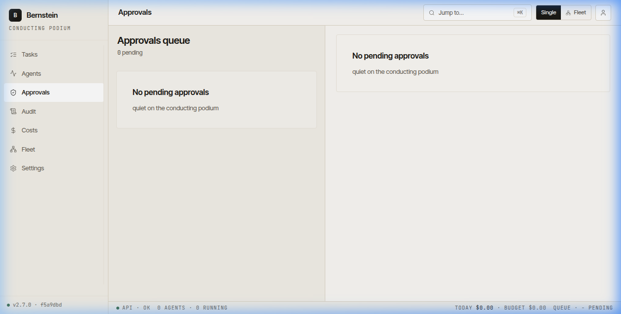 Approvals — empty approvals queue