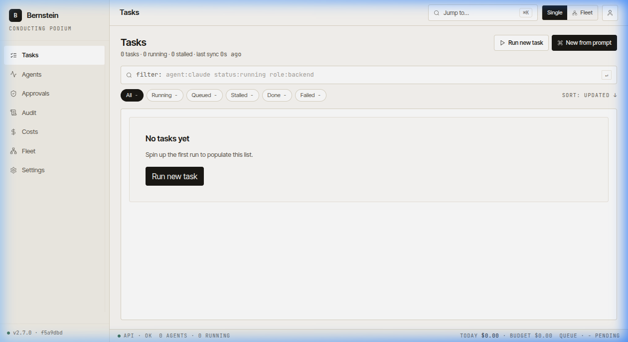 Tasks — empty state, filter chips and Run new task button